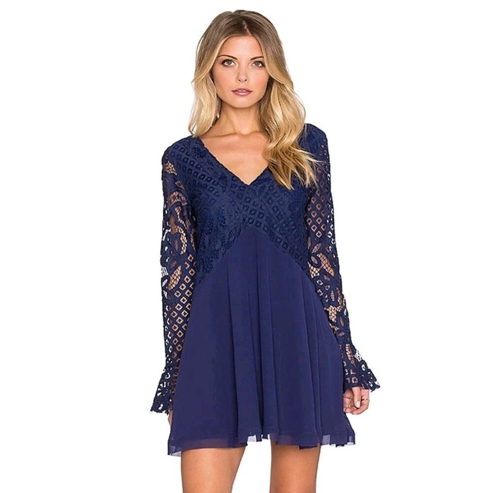 Tularosa Blue Lace Skylar Mini Dress Size S Long Sleeve Festival Boho Whimsygoth